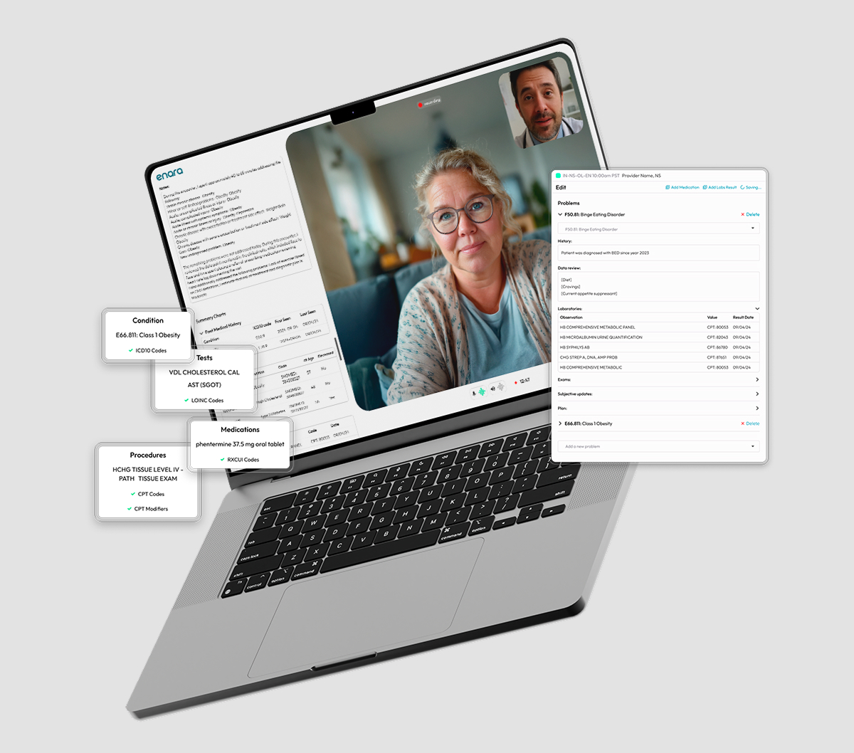 Scribe AI interface mockup showing clinical note editing screen